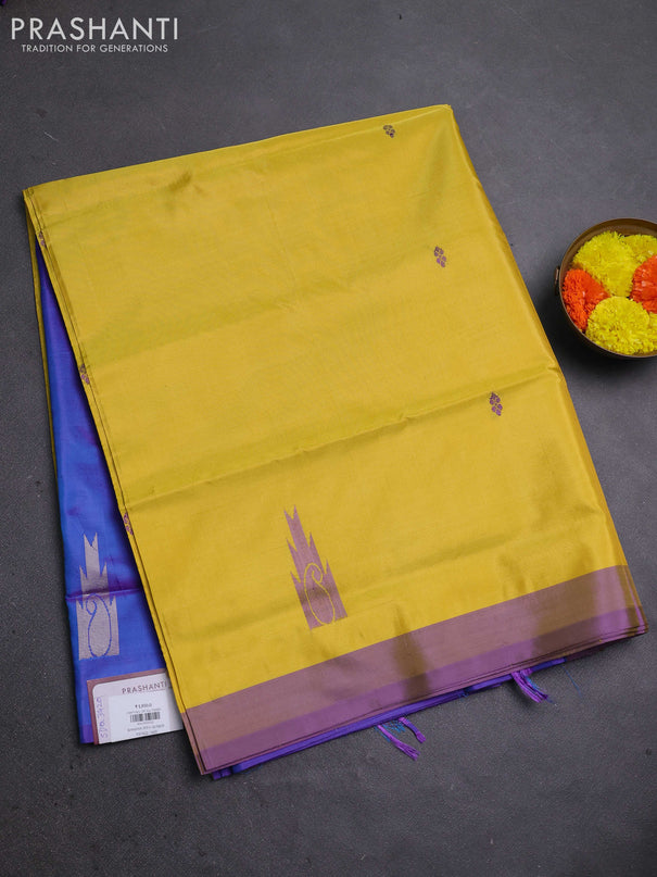 Banana pith saree lime yellow and dual shade of cs blue with thread woven buttas and contrast border