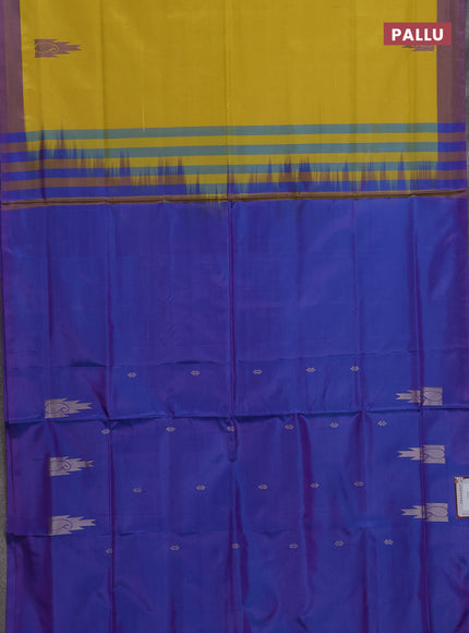 Banana pith saree lime yellow and dual shade of cs blue with thread woven buttas and contrast border