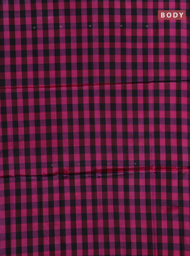 Banana pith saree black and pink with allover checked pattern in borderless style