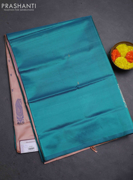 Banana pith saree peacock green and mild peach with thread woven buttas in borderless style