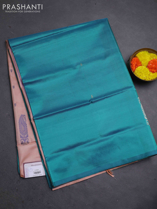Banana pith saree peacock green and mild peach with thread woven buttas in borderless style