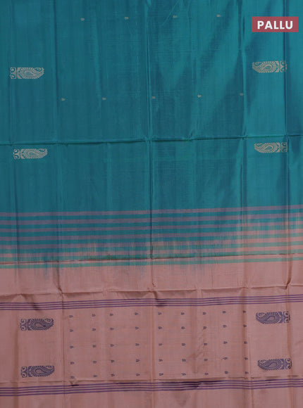Banana pith saree peacock green and mild peach with thread woven buttas in borderless style