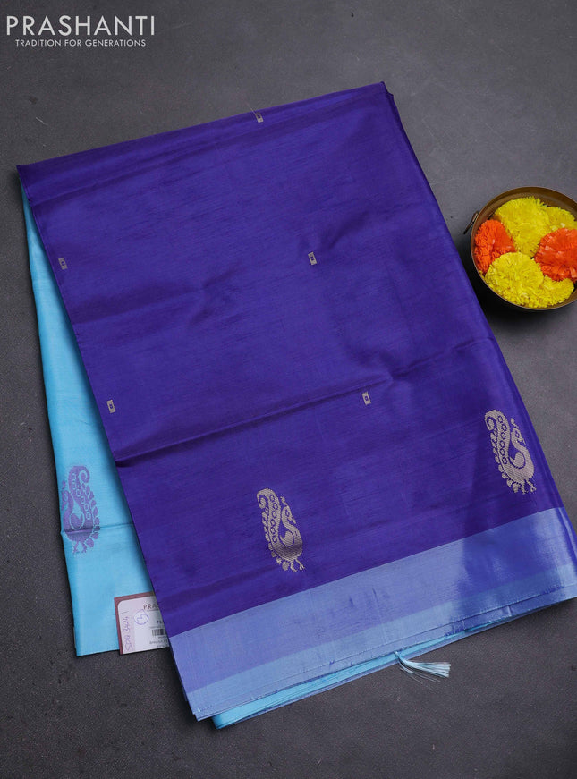 Banana pith saree pastel blue and light blue with thread woven buttas in borderless style