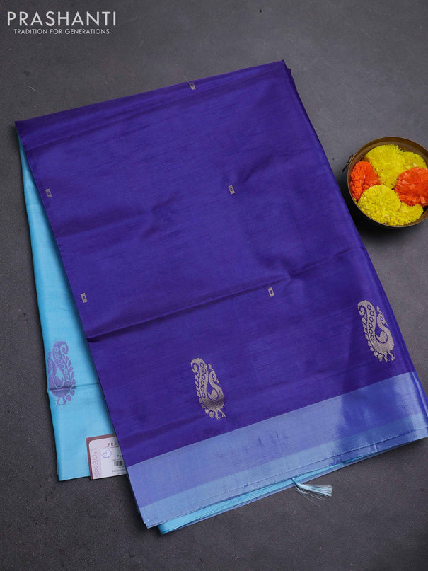 Banana pith saree pastel blue and light blue with thread woven buttas in borderless style