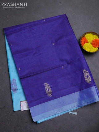 Banana pith saree pastel blue and light blue with thread woven buttas in borderless style