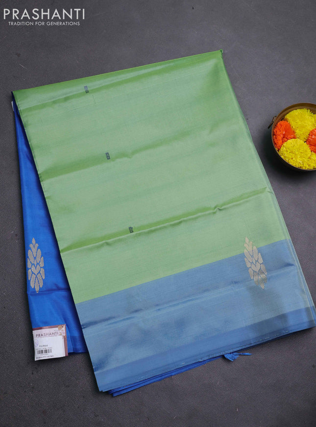 Banana pith saree pastel blue and cs blue with thread woven buttas in borderless style