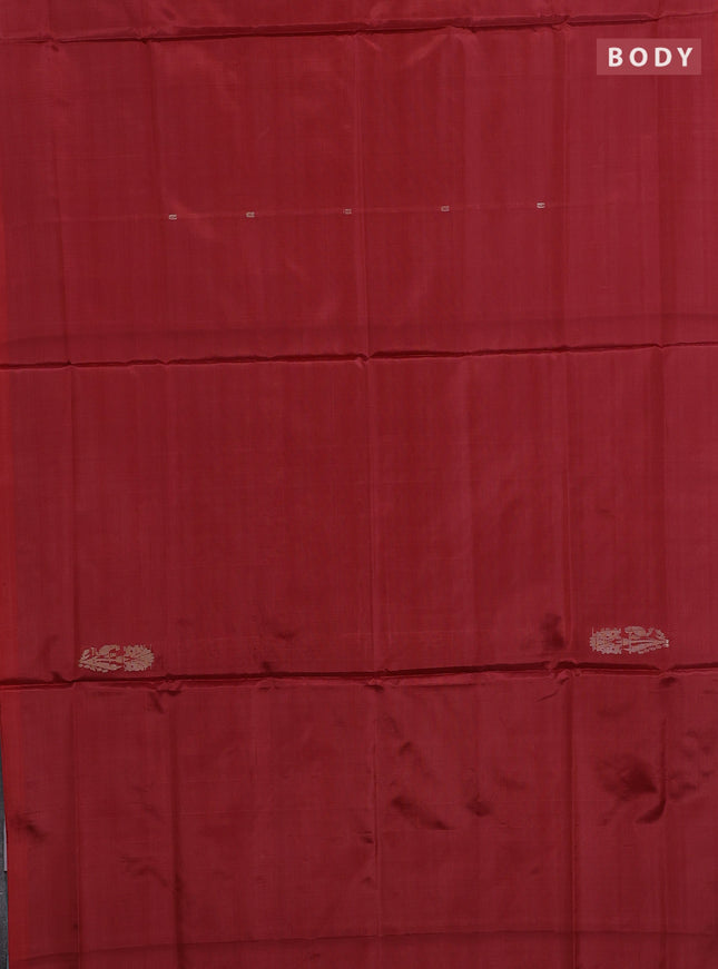 Banana pith saree maroon and pastel blue with thread woven buttas in borderless style