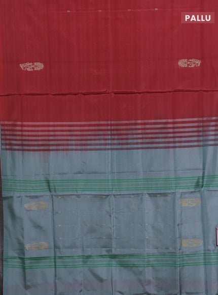 Banana pith saree maroon and pastel blue with thread woven buttas in borderless style