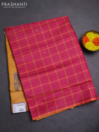 Banana pith saree pink and mango yellow with allover checked pattern and piping border