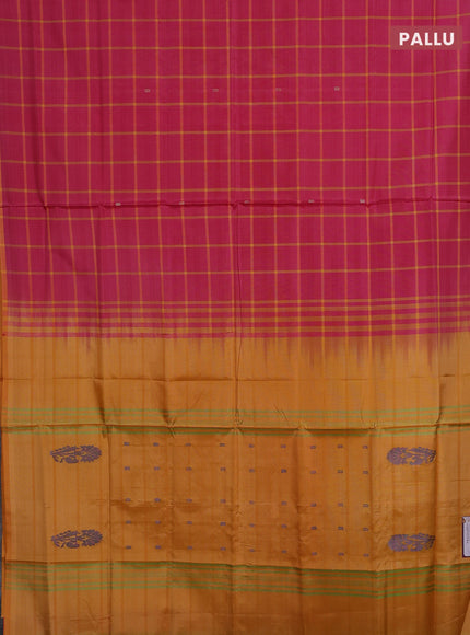 Banana pith saree pink and mango yellow with allover checked pattern and piping border