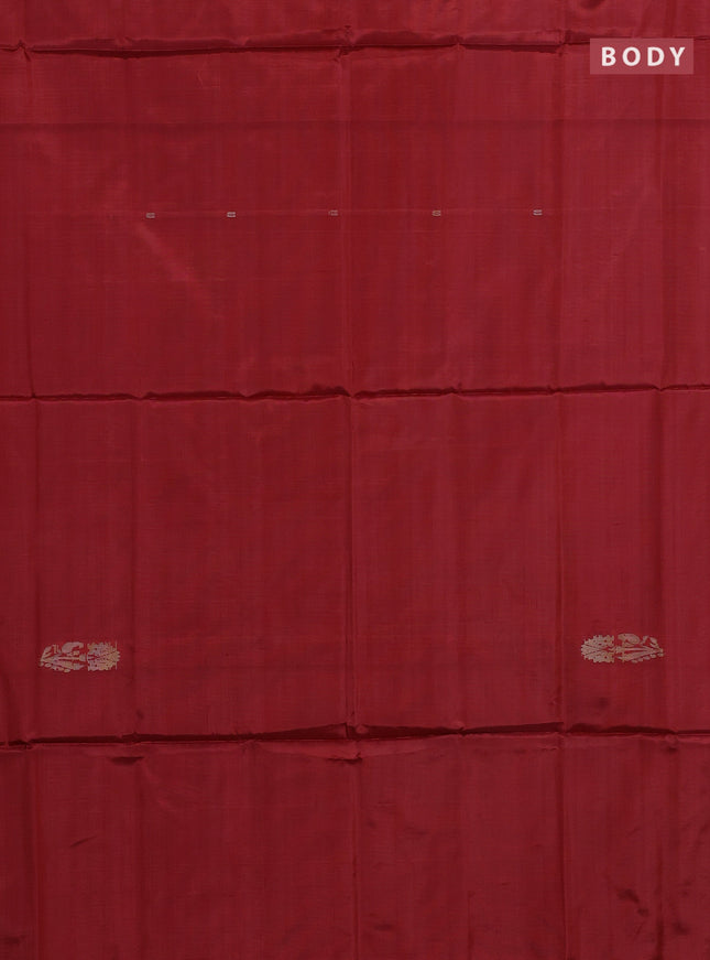 Banana pith saree red and pastel blue with thread woven buttas in borderless style