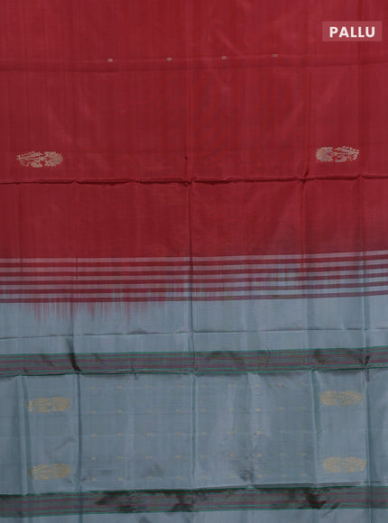 Banana pith saree red and pastel blue with thread woven buttas in borderless style