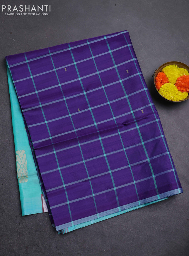Banana pith saree violet and teal green with allover checked pattern and piping border