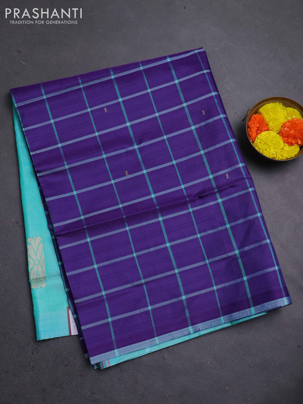 Banana pith saree violet and teal green with allover checked pattern and piping border