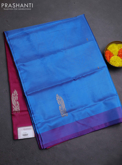 Banana pith saree cs blue and magenta pink with thread woven buttas and contrast border