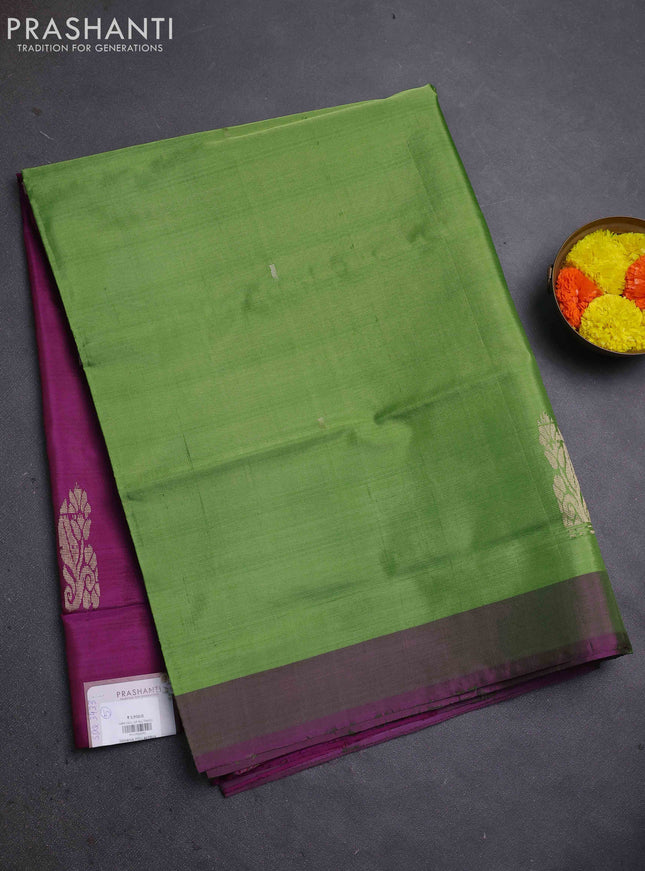 Banana pith saree light green and purple with thread woven buttas and contrast border