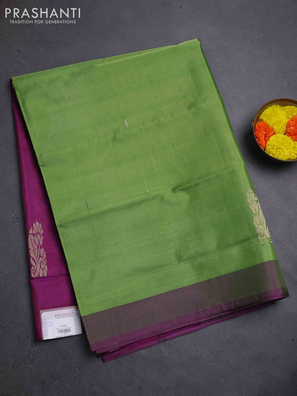 Banana pith saree light green and purple with thread woven buttas and contrast border