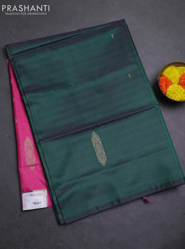 Banana pith saree dark green and pink with thread woven buttas in borderless style