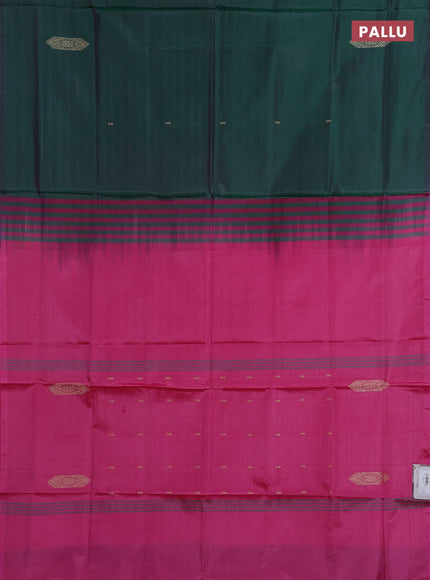 Banana pith saree dark green and pink with thread woven buttas in borderless style