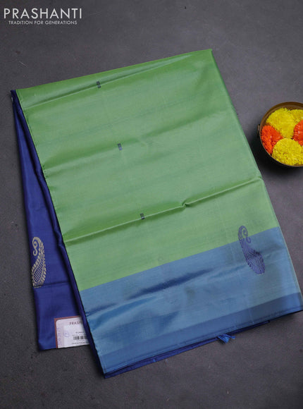 Banana pith saree light green and blue with thread woven buttas and contrast border