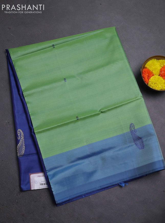 Banana pith saree light green and blue with thread woven buttas and contrast border