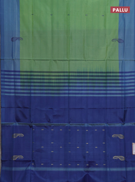 Banana pith saree light green and blue with thread woven buttas and contrast border