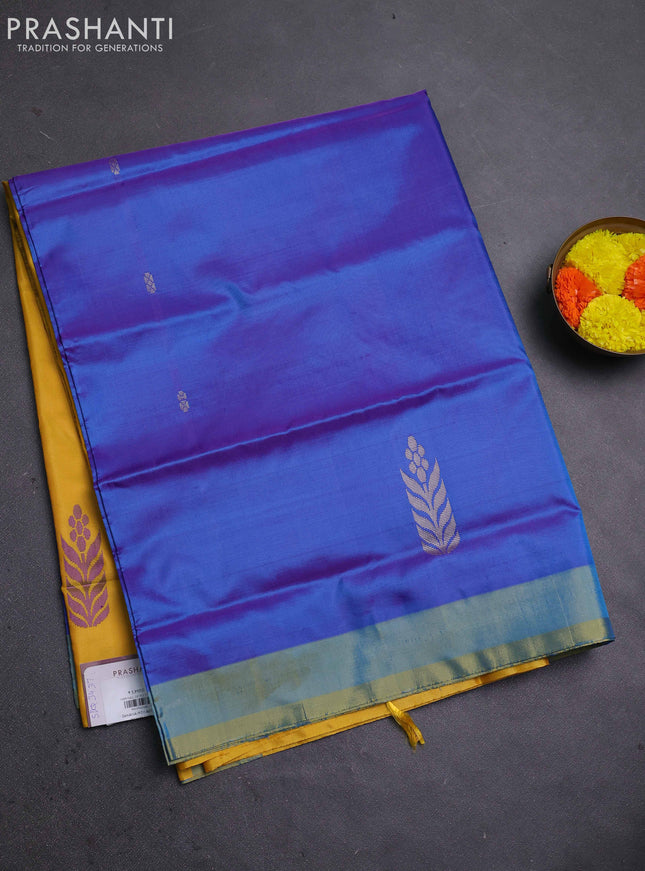 Banana pith saree cs blue and mango yellow with thread woven buttas and contrast border