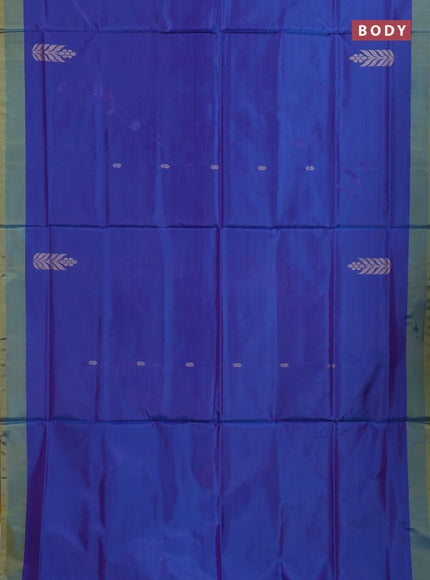 Banana pith saree cs blue and mango yellow with thread woven buttas and contrast border