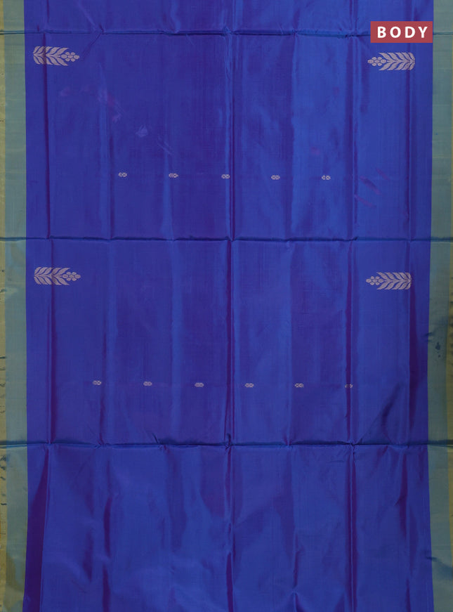 Banana pith saree cs blue and mango yellow with thread woven buttas and contrast border