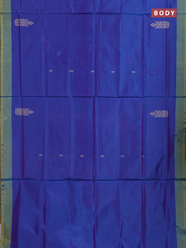 Banana pith saree cs blue and mango yellow with thread woven buttas and contrast border
