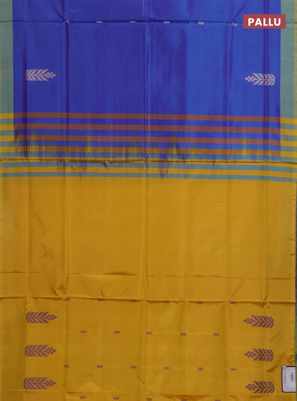 Banana pith saree cs blue and mango yellow with thread woven buttas and contrast border