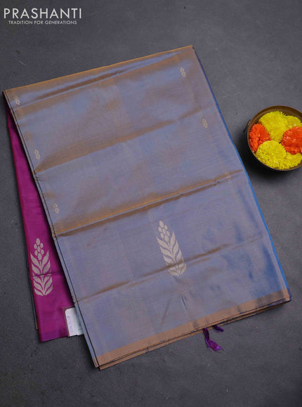 Banana pith saree dual shade of blue and purple with thread woven buttas in borderless style