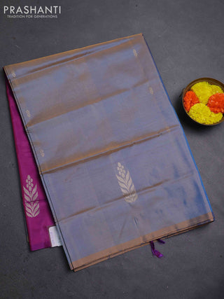Banana pith saree dual shade of blue and purple with thread woven buttas in borderless style