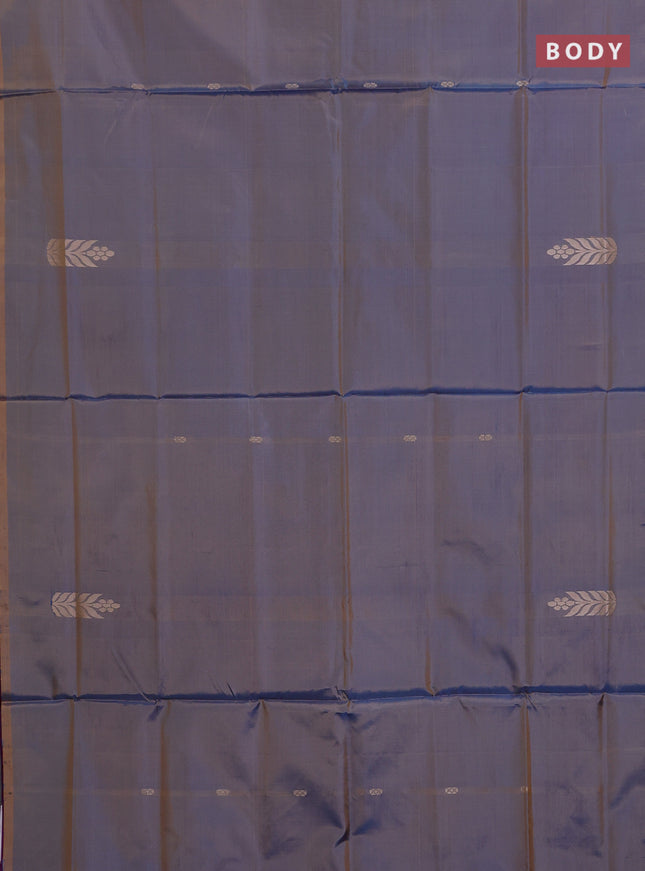 Banana pith saree dual shade of blue and purple with thread woven buttas in borderless style