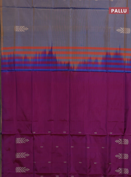 Banana pith saree dual shade of blue and purple with thread woven buttas in borderless style