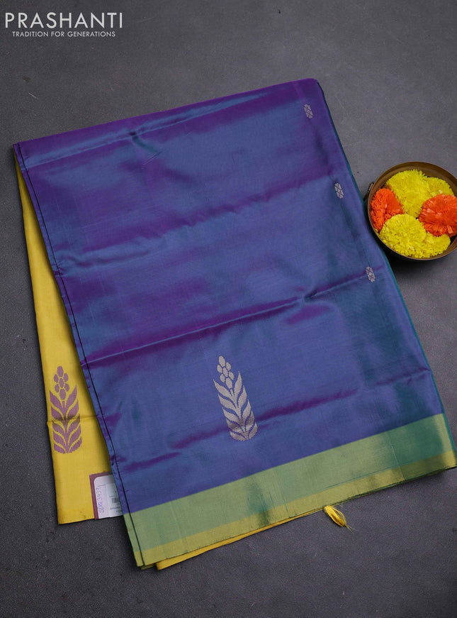 Banana pith saree peacock green and lime yellow with thread woven buttas and contrast border
