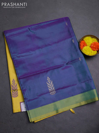 Banana pith saree peacock green and lime yellow with thread woven buttas and contrast border
