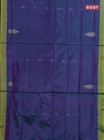 Banana pith saree peacock green and lime yellow with thread woven buttas and contrast border