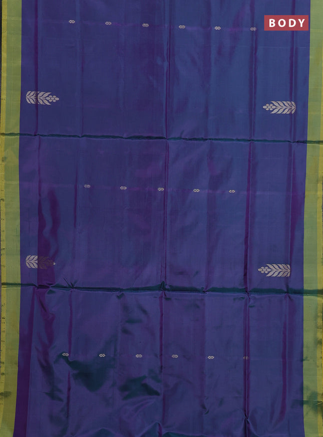 Banana pith saree peacock green and lime yellow with thread woven buttas and contrast border