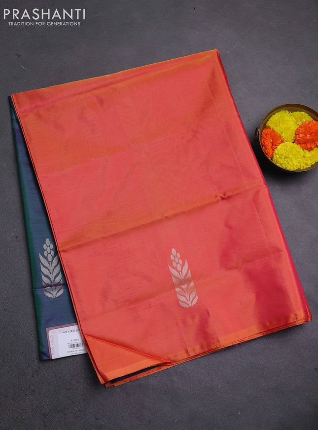 Banana pith saree pinkish orange and dual shade of green with thread woven buttas in borderless style