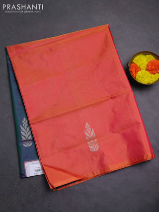Banana pith saree pinkish orange and dual shade of green with thread woven buttas in borderless style