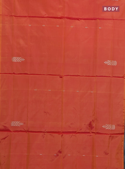 Banana pith saree pinkish orange and dual shade of green with thread woven buttas in borderless style