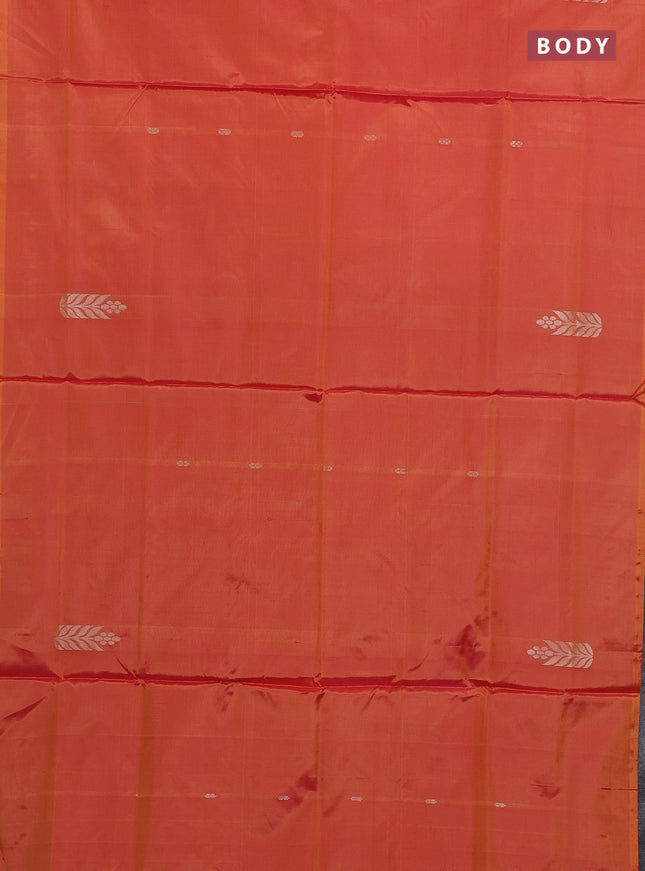 Banana pith saree pinkish orange and dual shade of green with thread woven buttas in borderless style