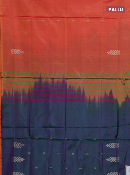 Banana pith saree pinkish orange and dual shade of green with thread woven buttas in borderless style