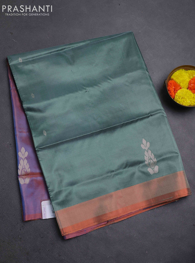 Banana pith saree sap green and dual shade of blue with thread woven buttas and contrast border