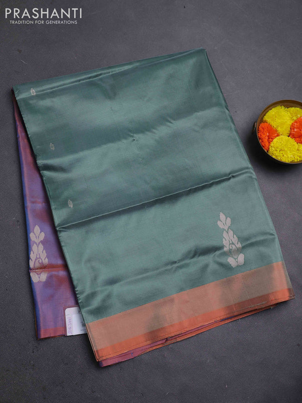 Banana pith saree sap green and dual shade of blue with thread woven buttas and contrast border