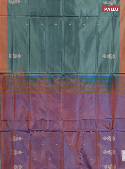 Banana pith saree sap green and dual shade of blue with thread woven buttas and contrast border