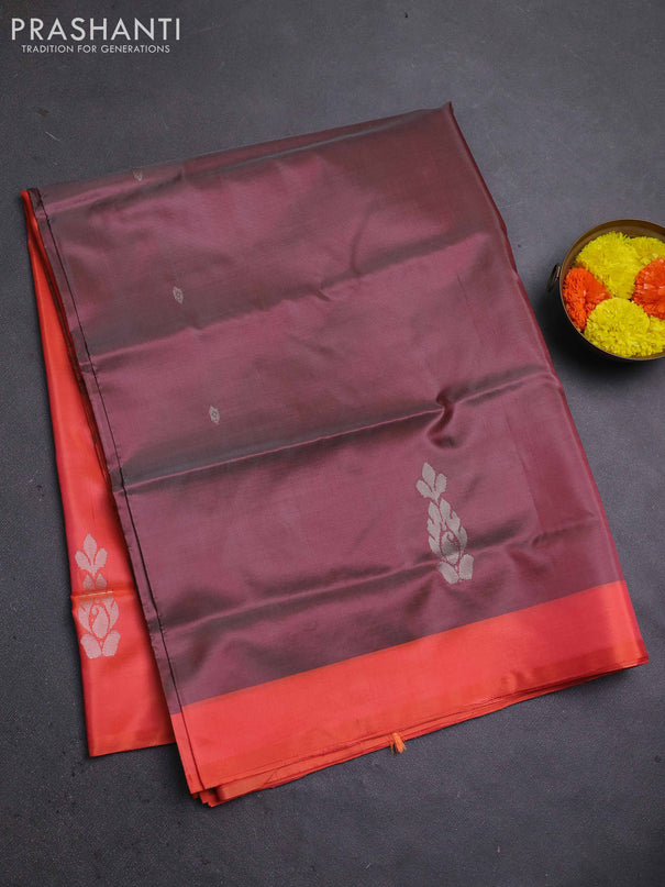 Banana pith saree pastel maroon shade and orange with thread woven buttas and contrast border