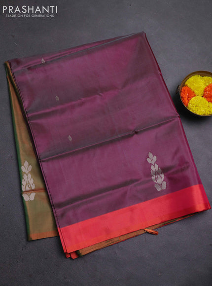Banana pith saree dual shade of purple and dual shade of green with thread woven buttas and contrast border