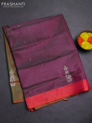 Banana pith saree dual shade of purple and dual shade of green with thread woven buttas and contrast border